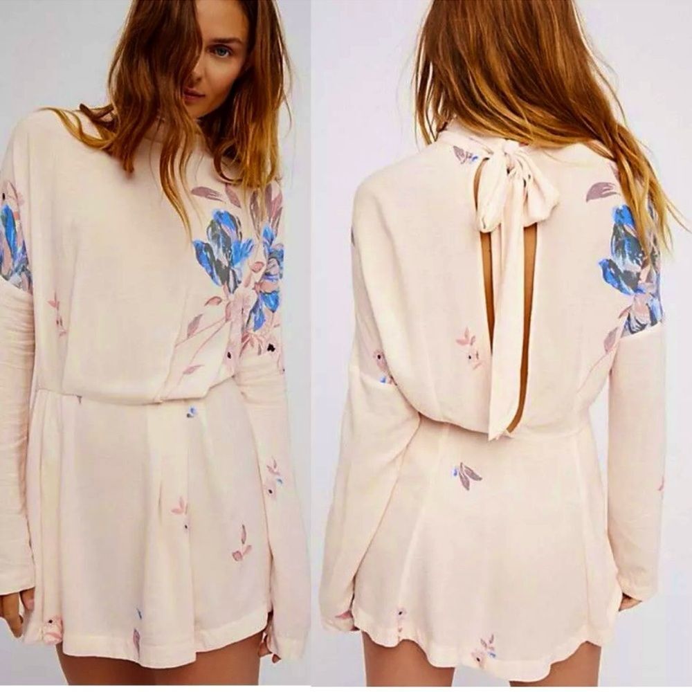 Free People Cream and Blue Floral Mini Dress